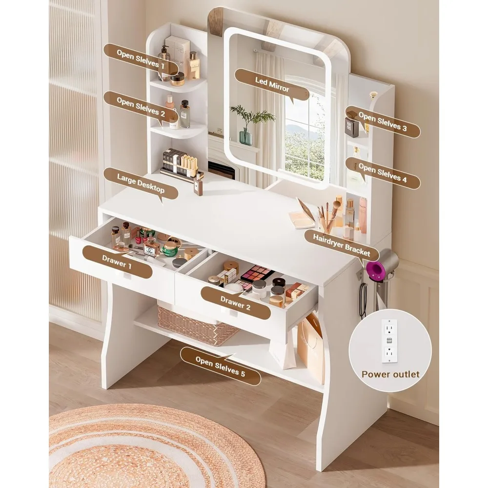 "مكتب زينة للمكياج بإضاءة LED مع مخرج طاقة، طاولة زينة مدمجة ذات درجين و5 أرفف، طاولة زينة"