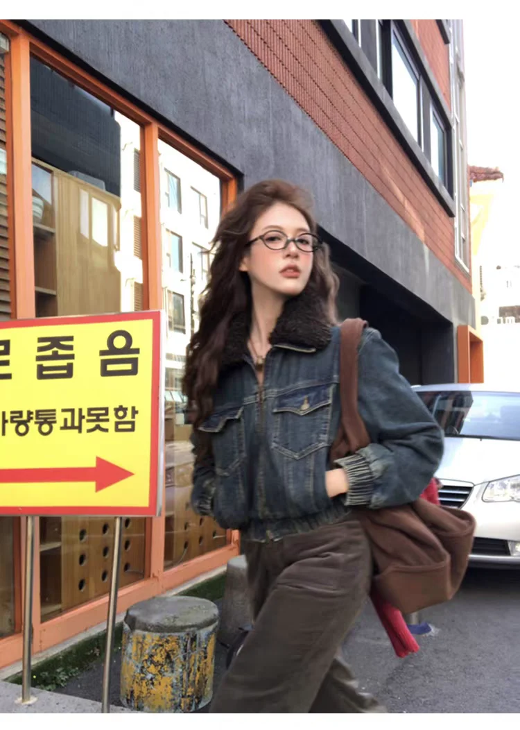 

Джинсовое пальто для женщин, длинные меховые плюшевые женские осенние стеганые куртки с воротником-стойкой, современные профессиональные городские куртки с поясом для поездок на работу, универсальные