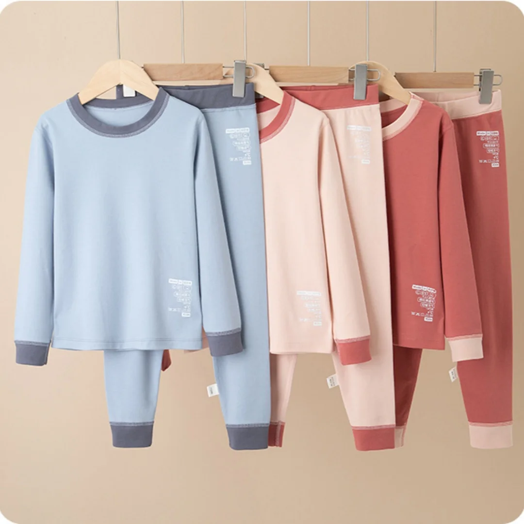 أطفال بوي القطن ملابس اخلية حرارية مجموعات الشتاء 4-9Y الأطفال التباين اللون الدافئة المتسكعون طويلة الأكمام السراويل لينة فتاة منامة #1