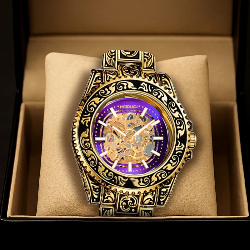 A men's purple dial with no numerical bar scale gear dial, suitable for business, leisure, gift giving, and mechanical watches