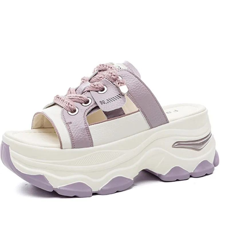 

7cm Microfiber Leather Synthetic Platform Wedge Slipper Chunky Heels Mary Jane Slip on Summer Breathable Pumps Shoes