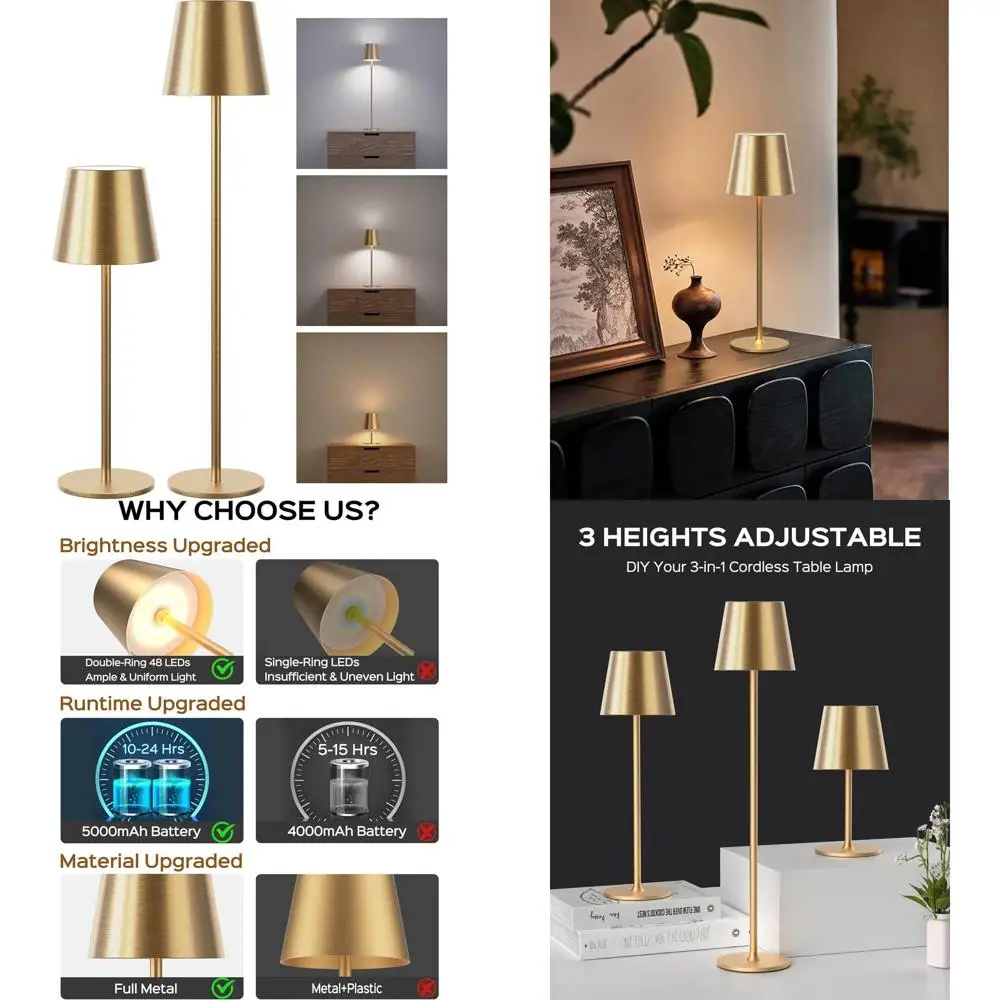 

Rechargeable Cordless Table Lamps, 3-Level Height Adjustable, 5000mAh Battery, 3-Color Smooth Dimming, Portable LED Waterproof L