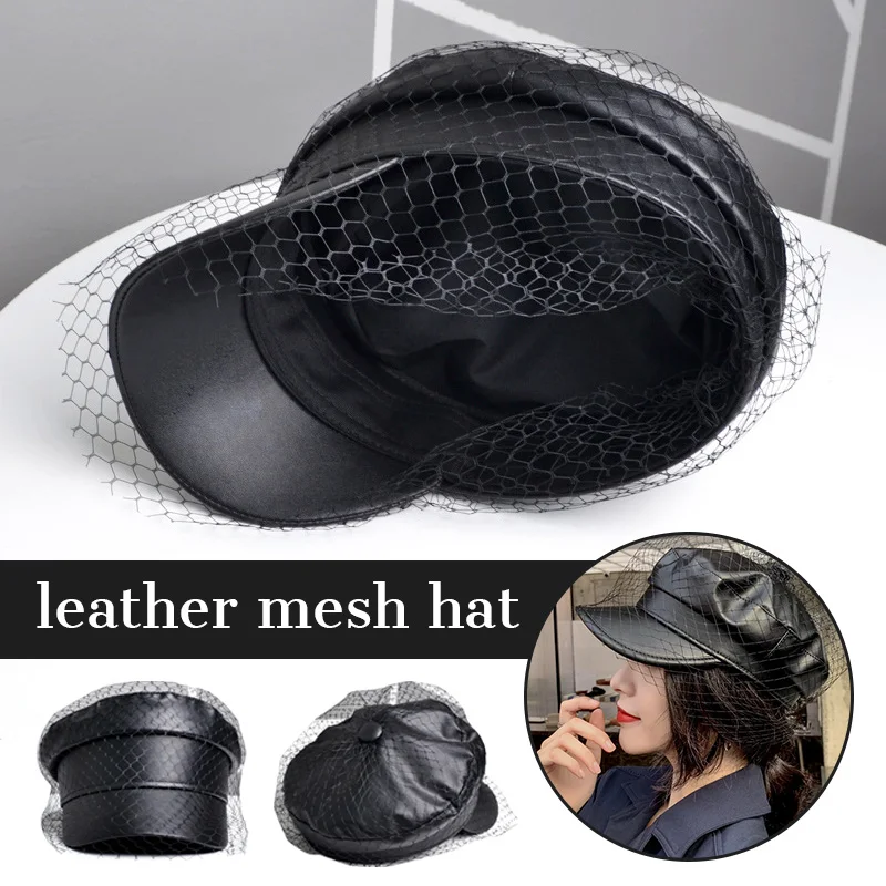 Luxury Designer PU Leather Hat For Women Fashion Black Mesh Veil Caps Sailor Hats With Mesh Artistic Temperament Painter Hat