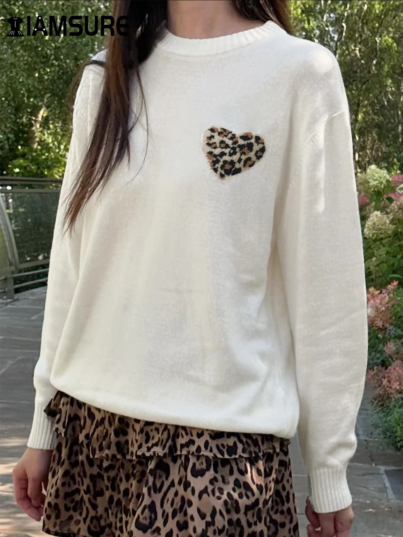 IAMSURE Casual Patchwork Leopard Knitted Sweaters Basic O-Neck Long Sleeve Pullovers Women 2024 Autumn Winter Fashion Streetwear