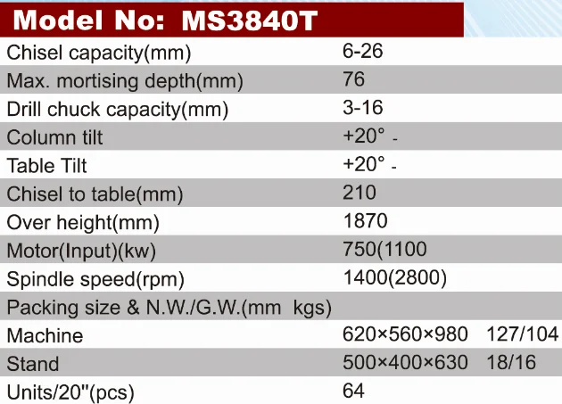 MS3840T Benchtop Chisel Mortiser And Tenon Wood Machine Chain Mortising Machine