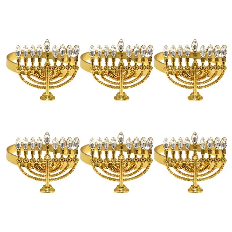 

6pcs Hanukkah Napkin Rings Rhinestone Chanukah Napkin Rings Holder Alloy for Menorah Jewish Party Dinning Table Decoration