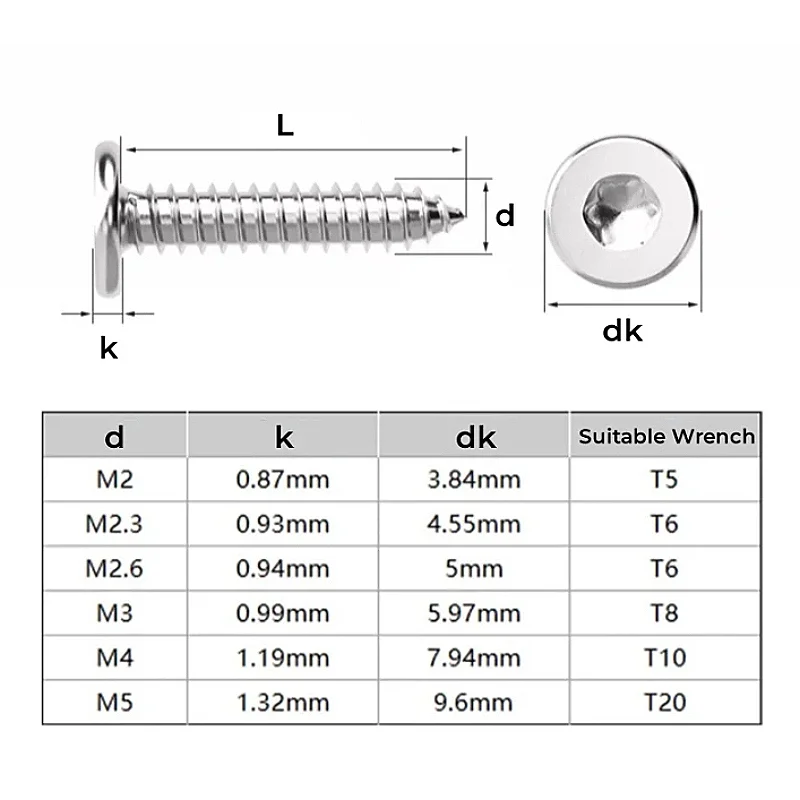 M2 M2.3 M2.6 M3 M4M5 304 Stainless Steel CA Ultra Thin Six Lobe Torx UltraThin Low Flat Wafer Head Self Tapping Screw Wood Screw