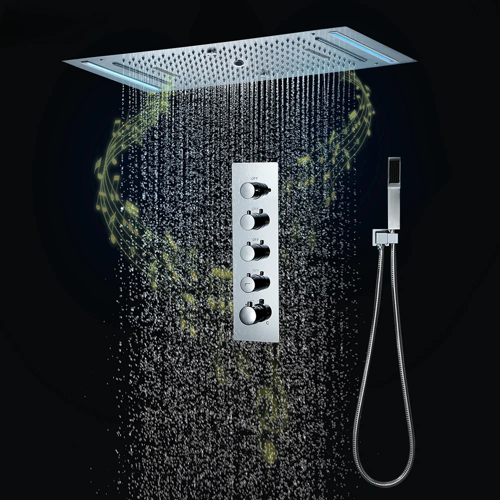 

4-функциональный набор душевой системы, встроенный потолок, 638*338 мм, светодиодная насадка для душа, смесители для ванной комнаты с дождевой насадкой, термостатический переключатель