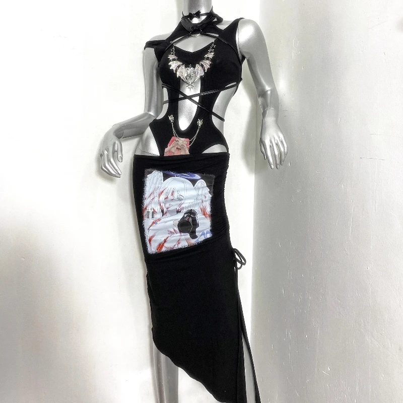 Original Design Heavy Metal Gothic Dark Women's Jumpsuit New Sexy Hollow Out Irregular Slit Drawstring Long Skirt Set Ladies