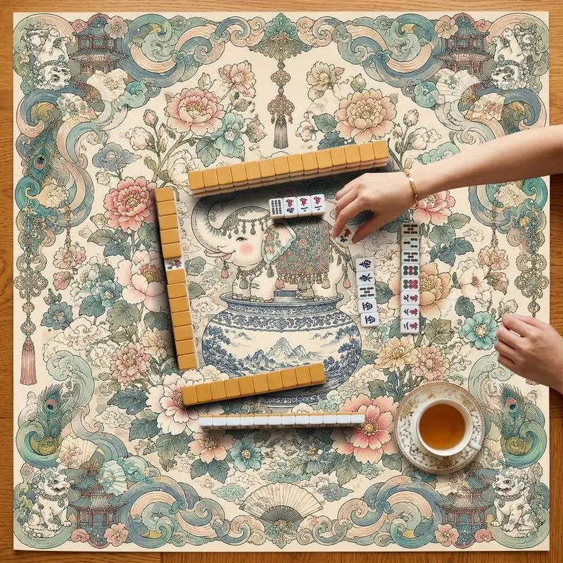 VIKAMA Chinese Porcelain Elephant Peony Mahjong Mat Thick Soundproof Dual Use Mahjong Poker Desktop Pad