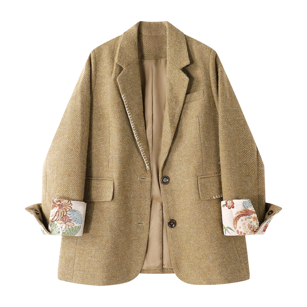 Vintage Thick Tweed Blazer Jacket for Women with Floral Embroidered Cuff, Retro Casual Oversized Coat, Fall Winter Outerwear