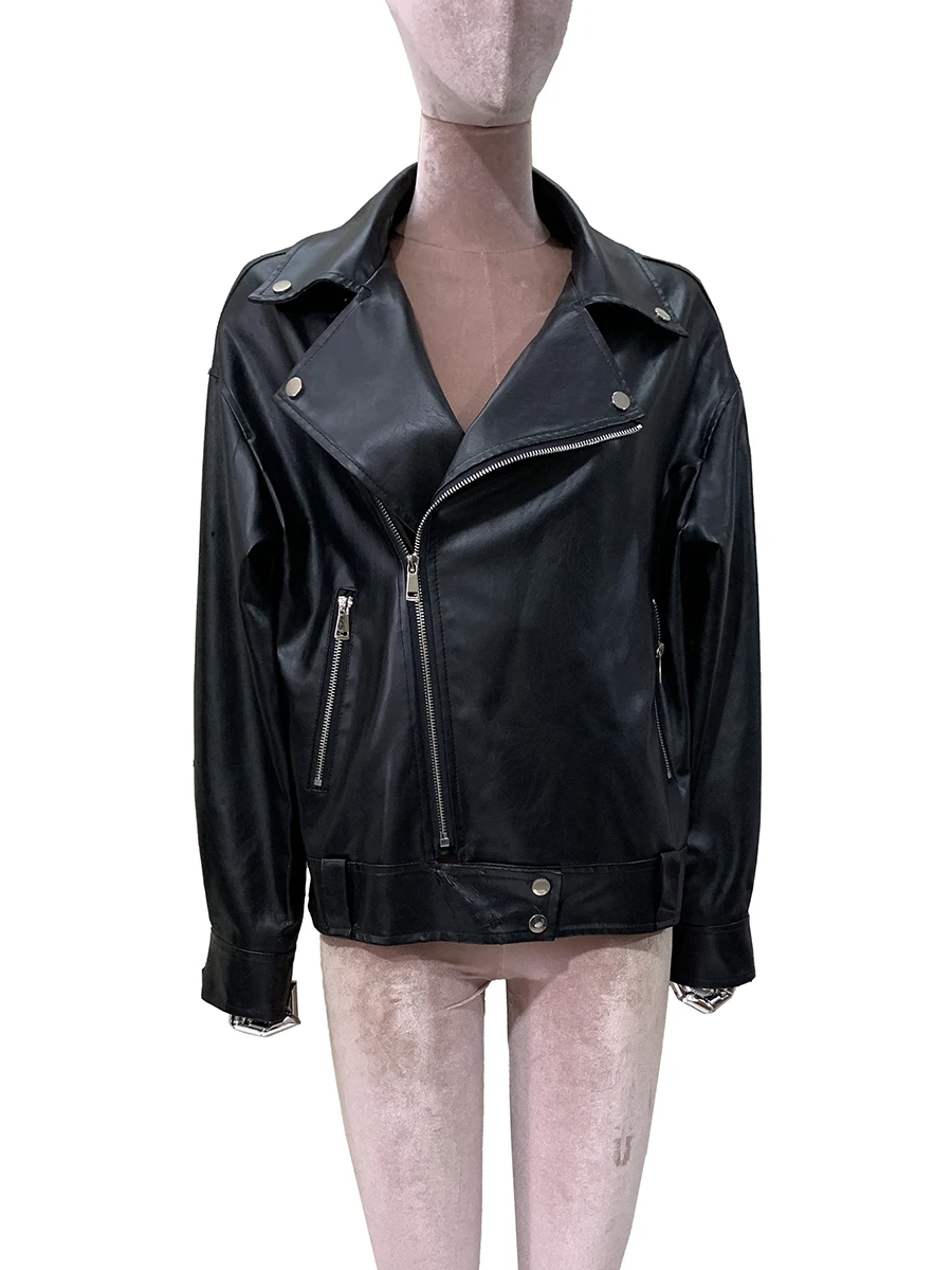 

Spring Autumn Short Black Soft Leather Moto & Biker Jacket Women Drop Shoulder Long Sleeve Loose Casual Korean Fashion Clothes