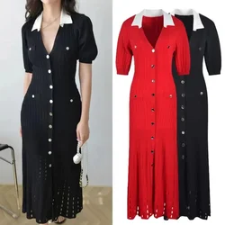 Elegant Women Turn Down Collar Knitted Long Dress 2024 New Summer Single Breasted Puff Sleeve Hollow Out Bodycon Slim Vestidos