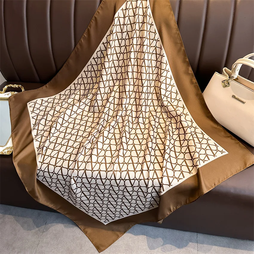 New Fashion Luxury Printing 90*90CM Women Scarf Satin Twill Square Big Shawl Elegant Headscarf Beach Sun Protection Bandana
