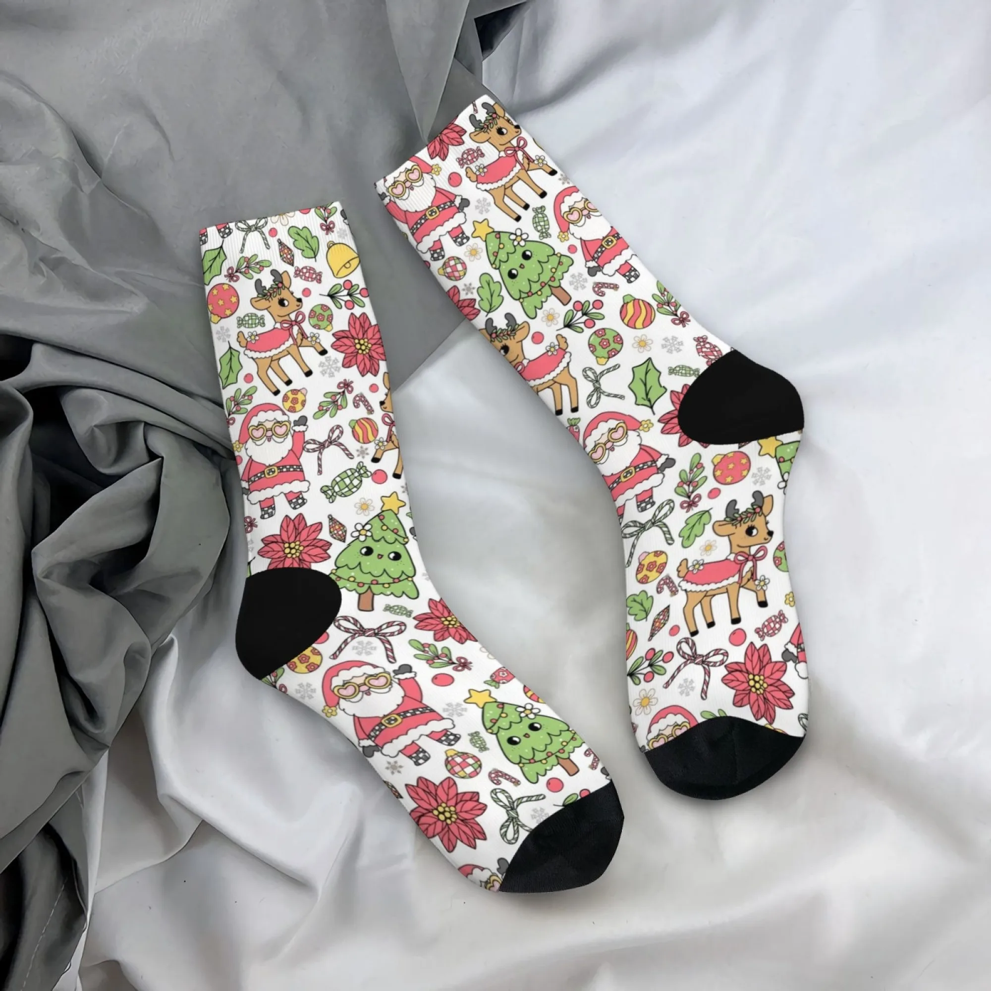Świąteczne skarpetki unisex z antypoślizgową podeszwą, wzór z kreskówkowym Świętym Mikołajem i reniferami, wygodne skarpetki sportowe do jazdy na rolkach, na siłownię i do noszenia na co dzień.
