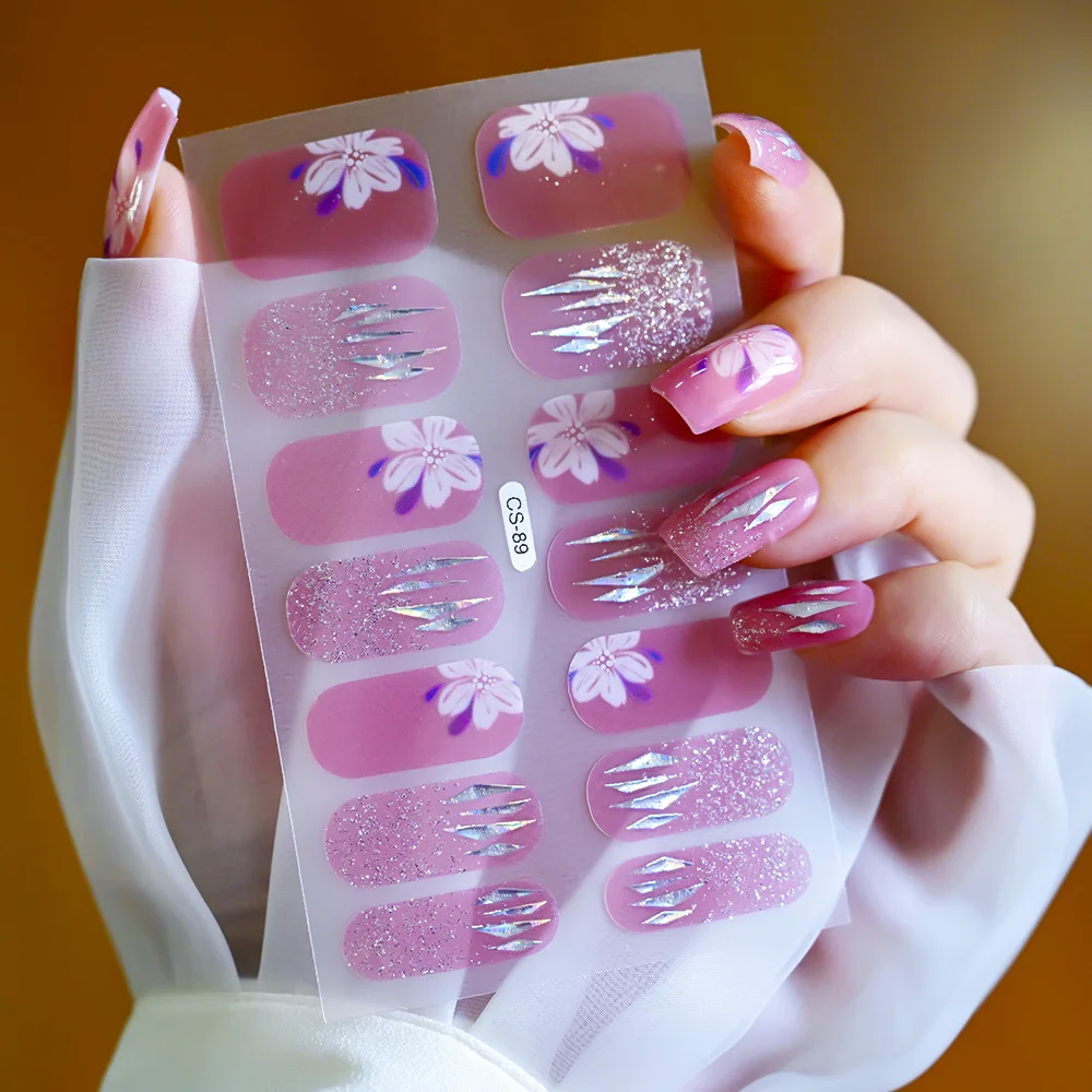 14pcs Rhinestone French Full Nail Wraps 3DMatellic Line Nail Polish Stickers Baking Free Self-Adhesive Gel Strips Nail Art Decor