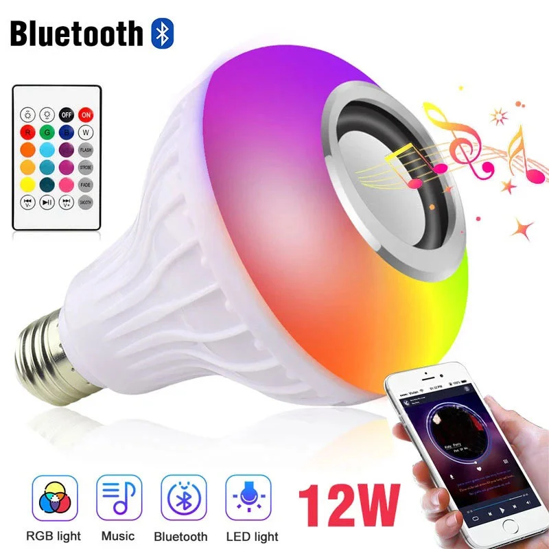 

12 Вт RGB E27 Музыкальная RGB-лампа с изменением цвета Bluetooth-динамик Многоцветная декоративная лампа с дистанционным управлением для вечеринки вдома