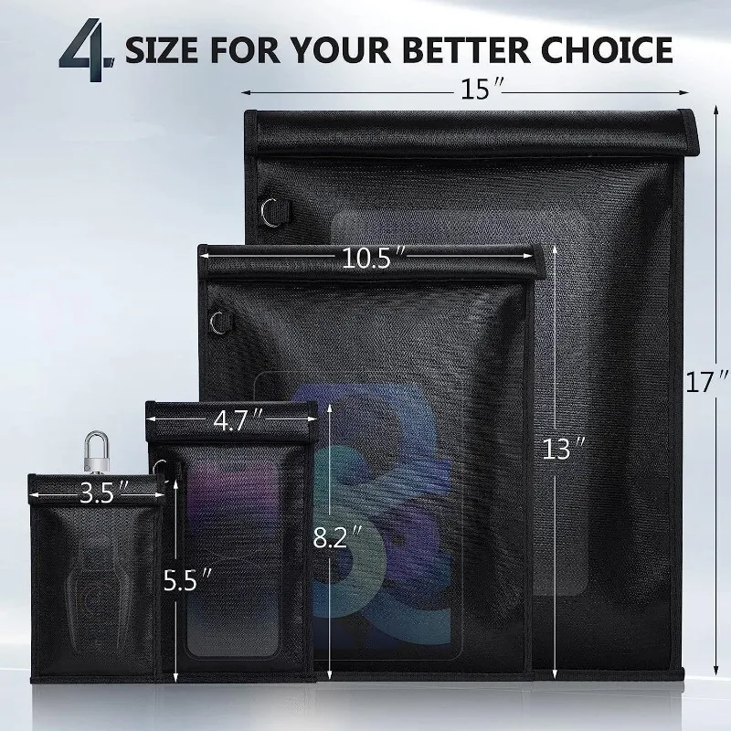 

4Size Car Keys Phone Tablets Signal Blocker Bag Remote Control Blocking Shielding Faraday Bag Protector Bag Waterproof Fireproof