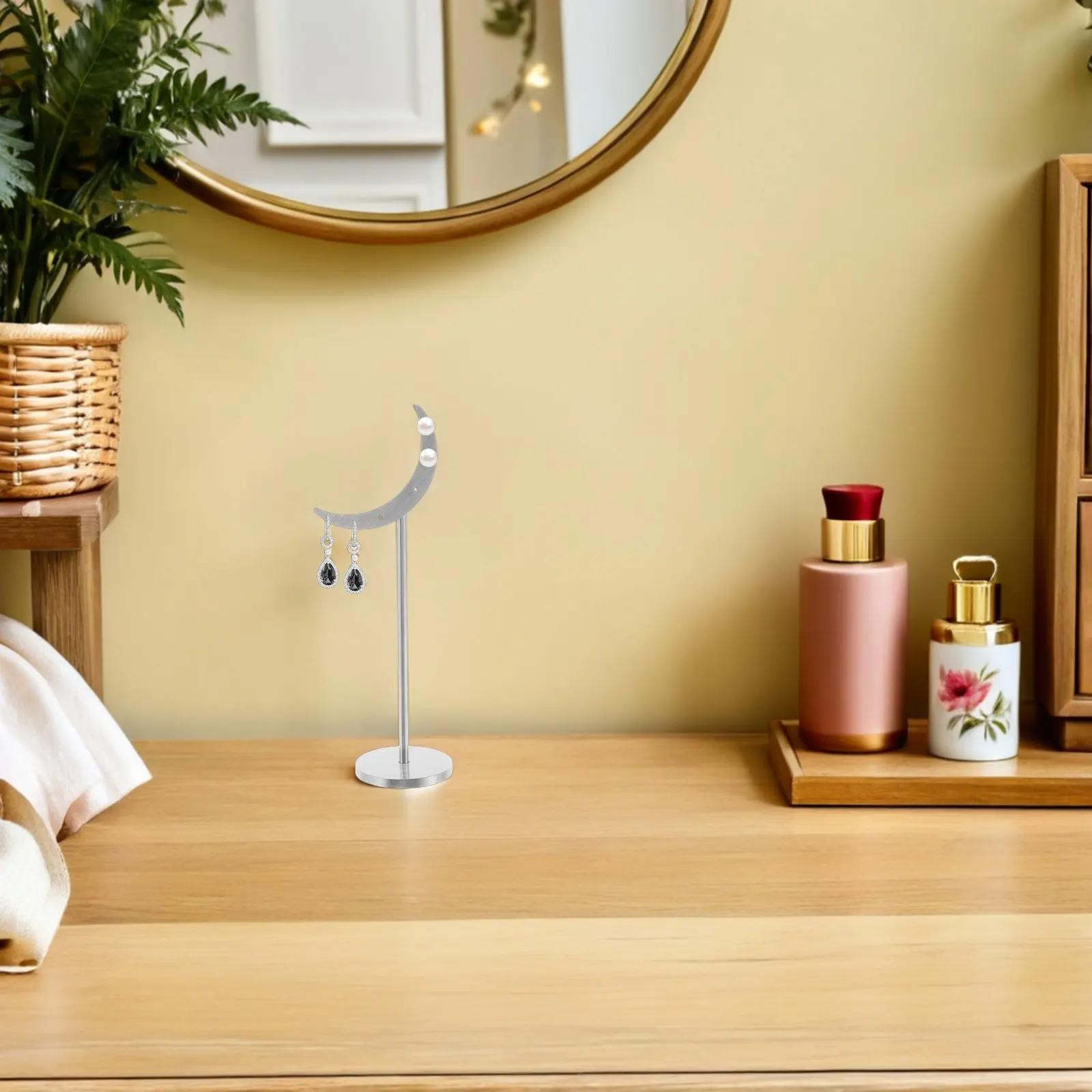 

Металлическая подставка для серег в форме луны, серебряный держатель для украшений, элегантный органайзер с круглым основанием для розничной торговли, дома, туалетного столика