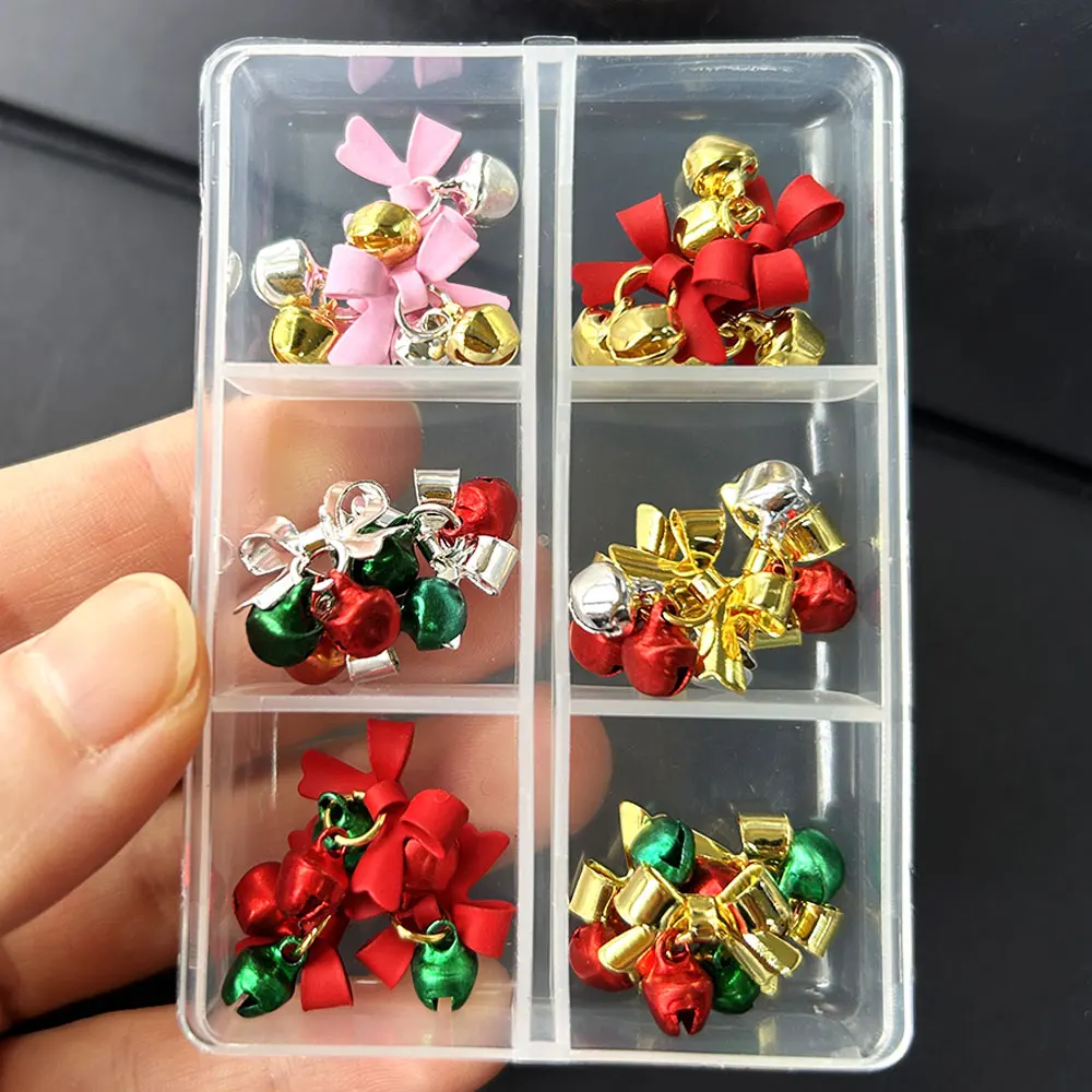 18Pcs/box Christmas Pink Red Gold Silver Bow Bell Nail Charms Metal Alloy Bell Nail Art Decorations Winter New Year Cute Nails #