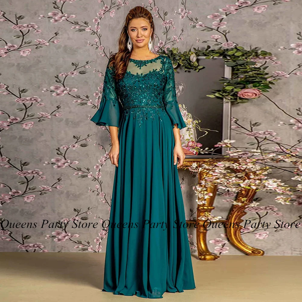 

Mother of The Bride Dress Flare Sleeve Scoop Neck Beading Sequined Applique Chiffon Floor Length A Line Wedding Guest Gown