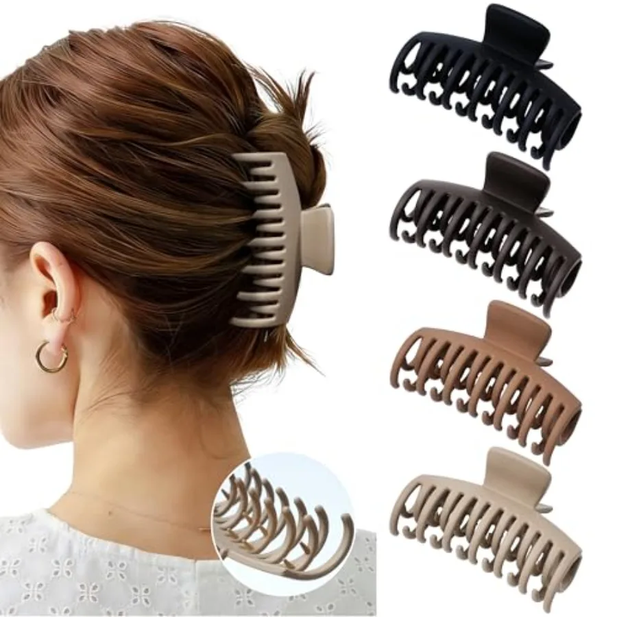 Hair accessories for thin and short fine hair: matte finish, neutral color, double row teeth claw clips, medium strong hold, 3.