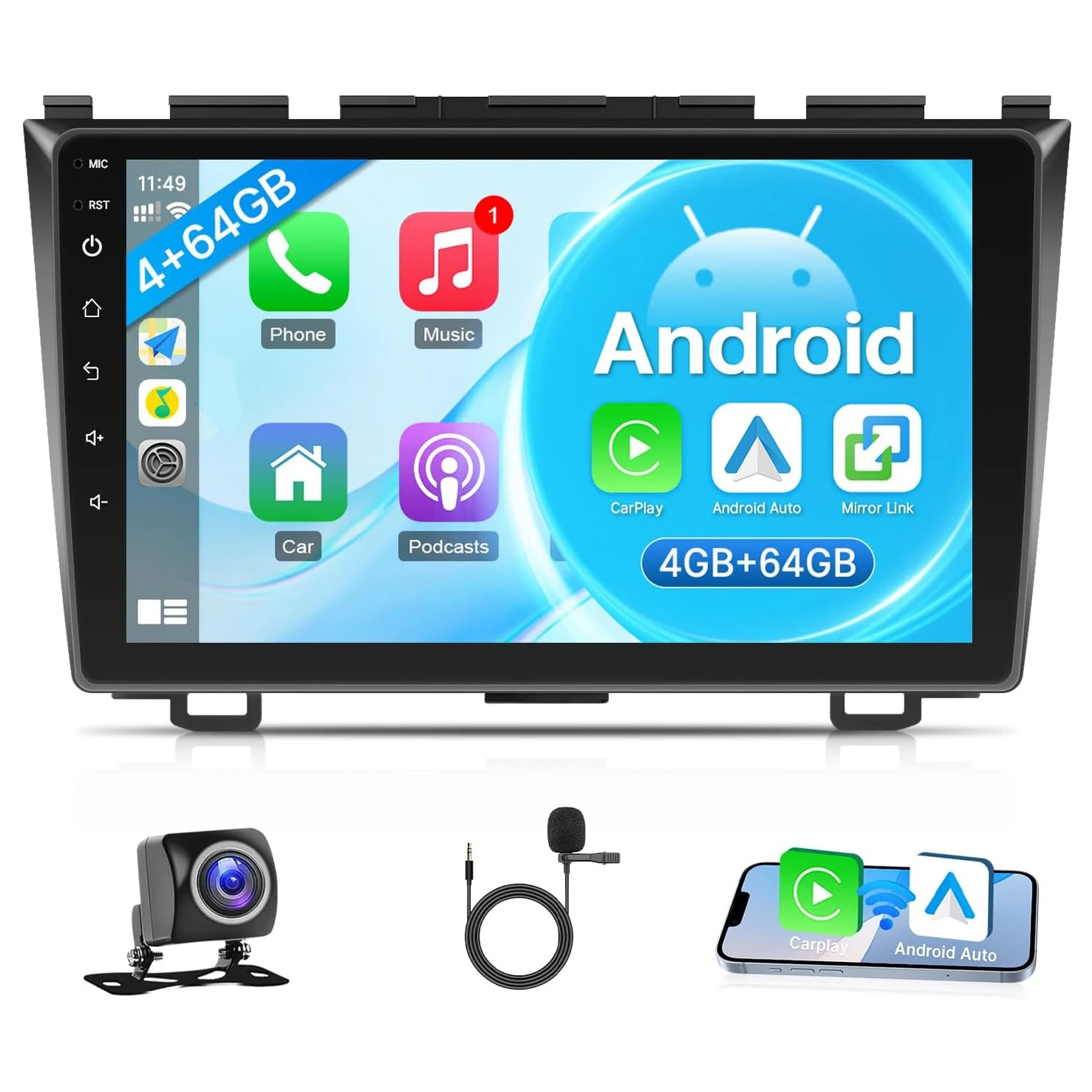 8 Core 4+64G Car Stereo for Honda CRV 2007-2011 Radio with Wireless Carplay Android Auto WiFi Rear Camera FM Mirrorlink Split Sc