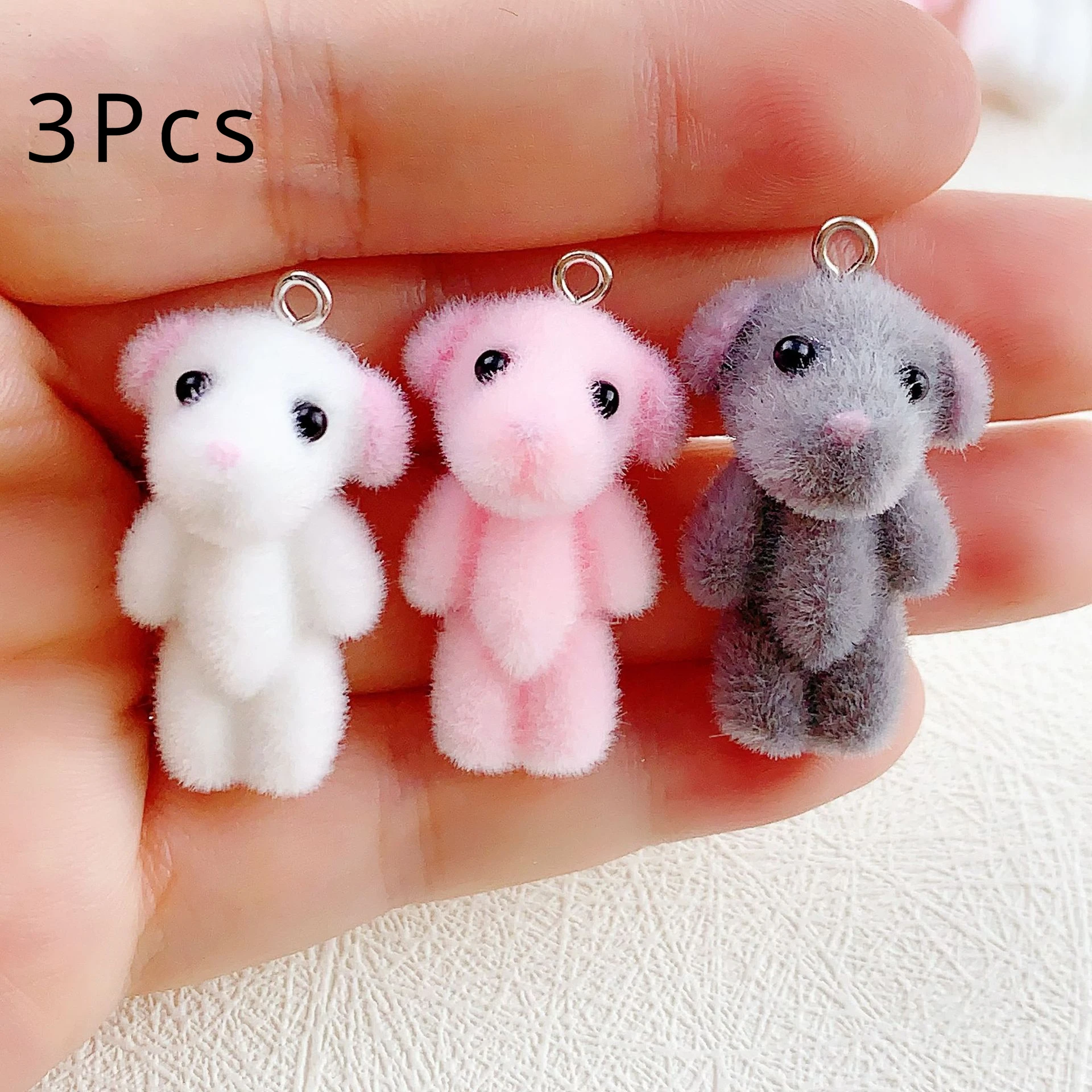 3Pcs 3D Kawaii Flocked Bear Charms Cute Cartoon Bear Resin Pendant Earrings Keychains Accessories for DIY Crafts Jewelry Make