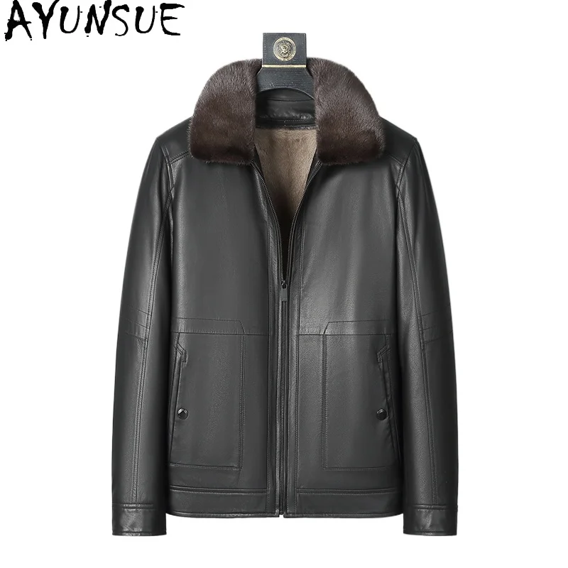 

AYUNSUE, мужские куртки из натуральной коровьей кожи, зима 2025, роскошное съемное пальто с подкладкой из цельного меха норки, теплая короткая куртка из натуральной кожи