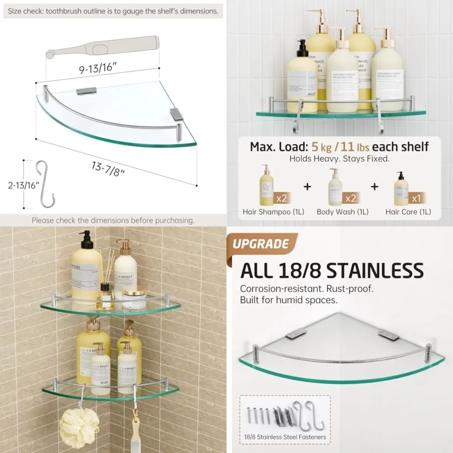 

Glass Corner Shelf for Bathroom Corner Shelf Pack Tempered Glass Shelf with Rail SUS 04 Stainless Steel Wall Mounted, BGS0A--P