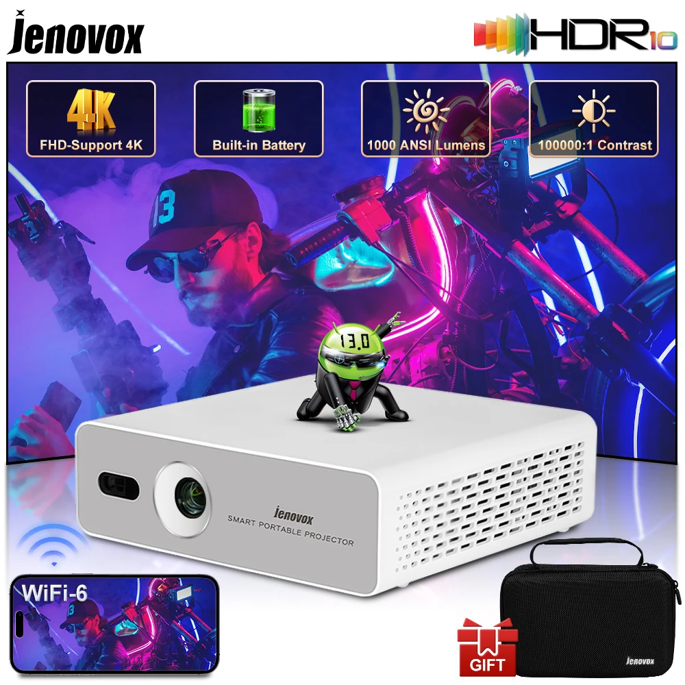 Jenovox M5000 ミニ DLP ポータブル プロジェクター Android 13 Wifi スマート 4K ビデオ サポート HDR ホームシアター バッテリー付き キャンプ ビジネス用