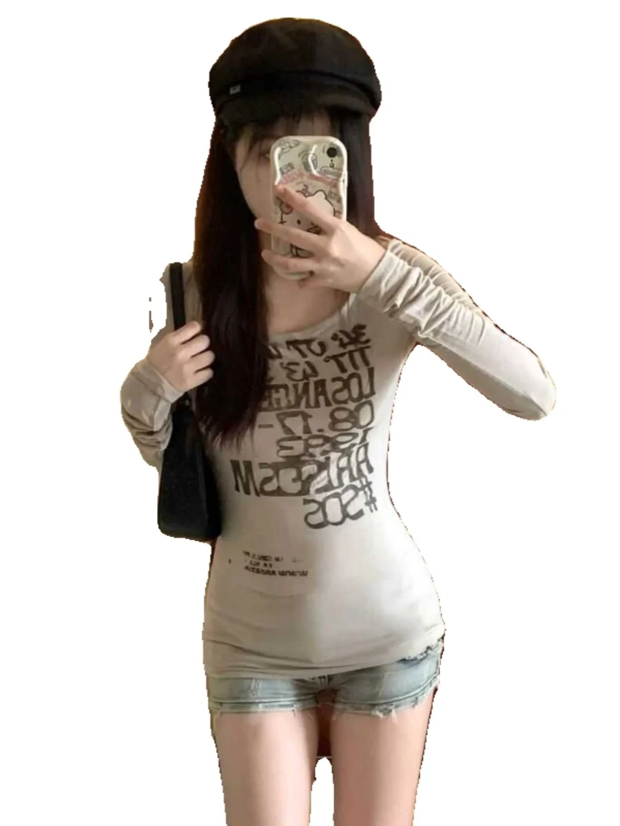 قميص نسائي بأكمام طويلة من القطن الخالص بتصميم أمريكي عتيق، قميص رمادي ضيق للخريف والشتاء، ملابس داخلية نحيفة وجذابة #5