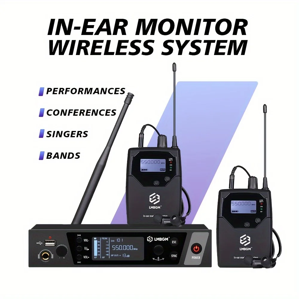 

LMBGM-AR2200 Wireless In-Ear Monitor System USB Mono 2-Channel Bodypack Monitor with Wireless Headphones for Stage Studio DJ