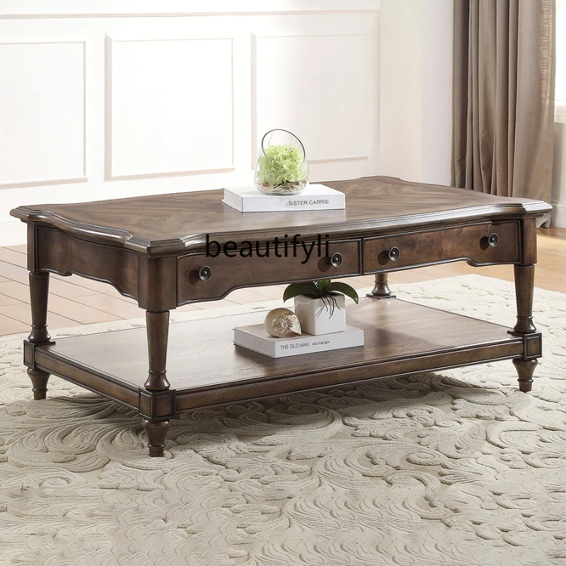 

American Country Solid Wood Coffee Table Side Table Small Apartment Living Room Tea French Retro Distressed Coffee Table