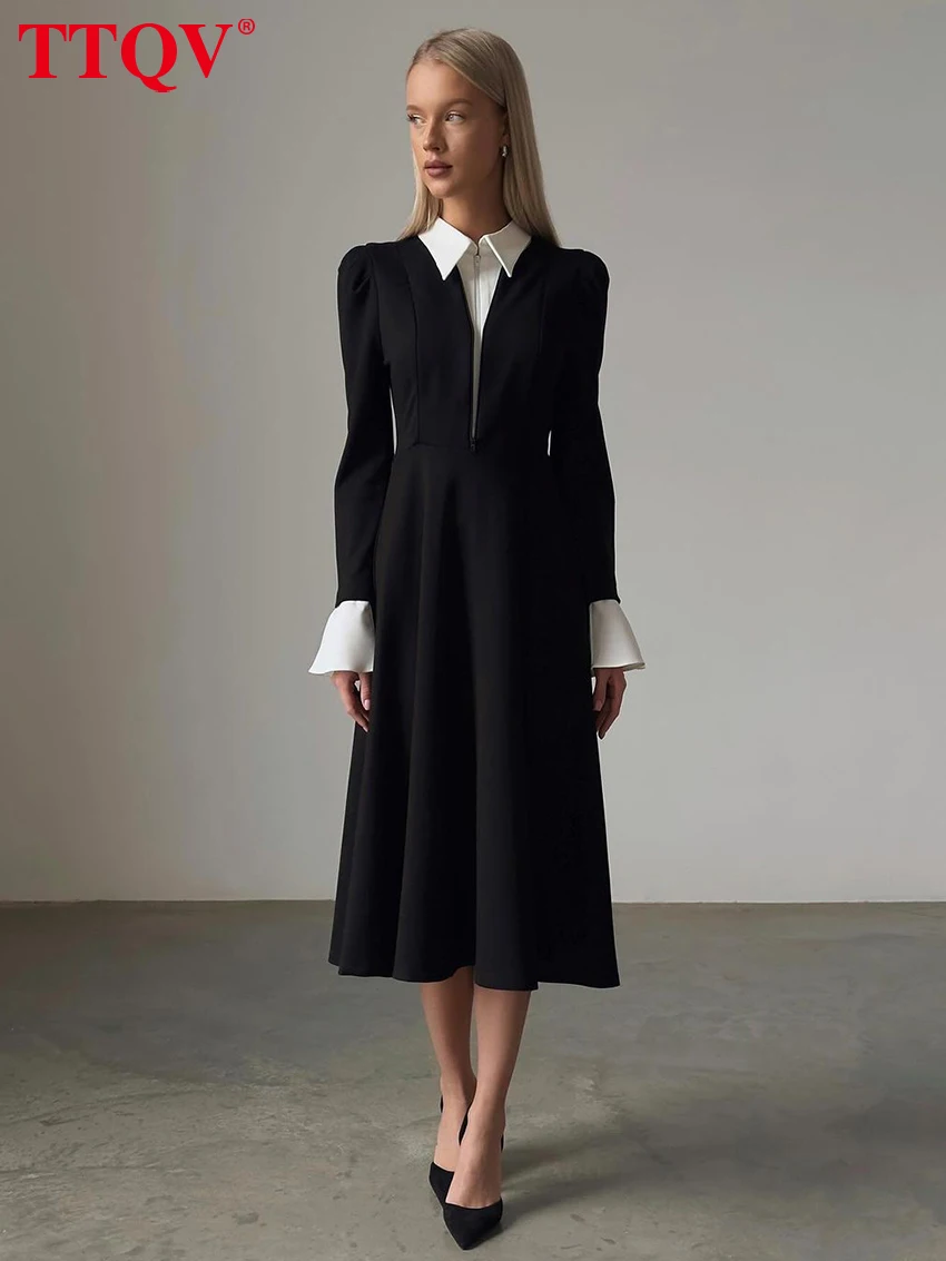 

TTQV Fashion Loose Black Women's Dress Elegant Lapel Long Sleeve Office Midi Dresses Casual Classic Patchwork Female Dress