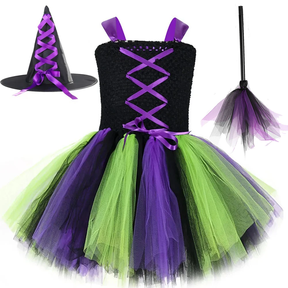 Baby Girls Witch Halloween Costumes for Kids Carnival Party Fancy Dresses with Magic Hat Broom Children Evil Witches Tutu Outfit