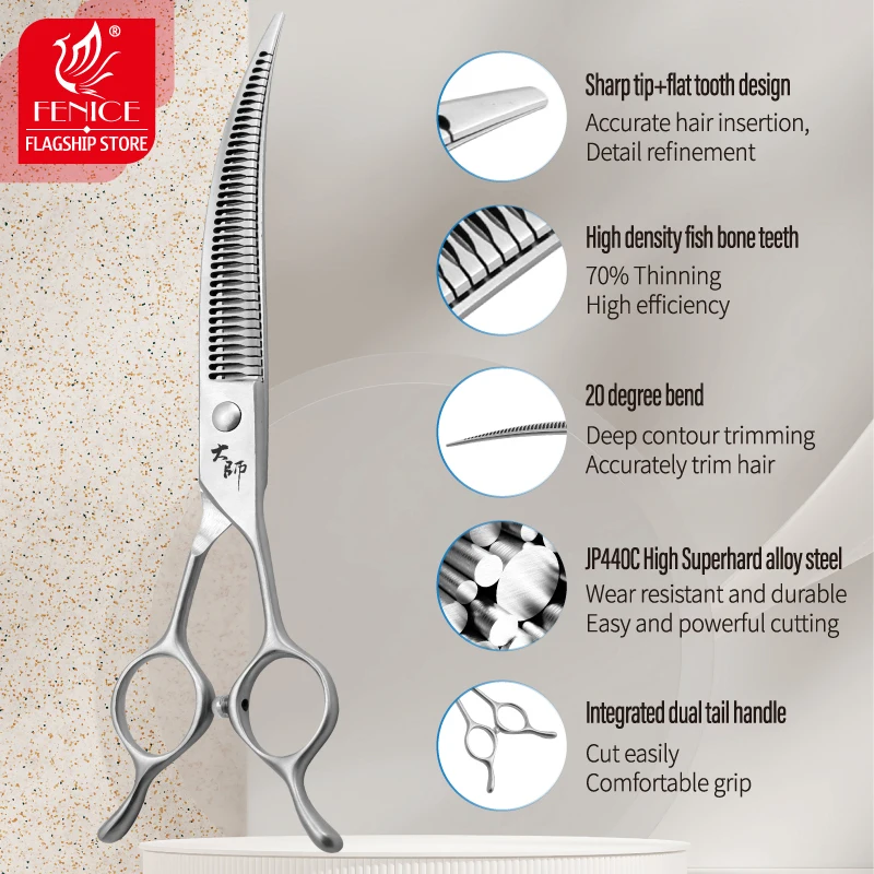 Fenice 7 Inch Pet Grooming Magic Scissors Trimming and Hairdressing Dogs Beauty Curved Chunker Shears JP440C Steel 70% Rate