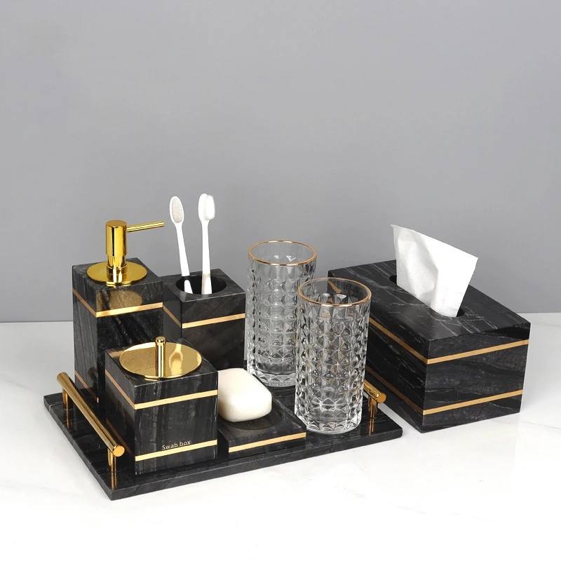 Tree Black Natural Marble Bathroom Set Gold Luxury Soap Dispenser Cotton Swabs Container Tissue Box Bathroom Accessories