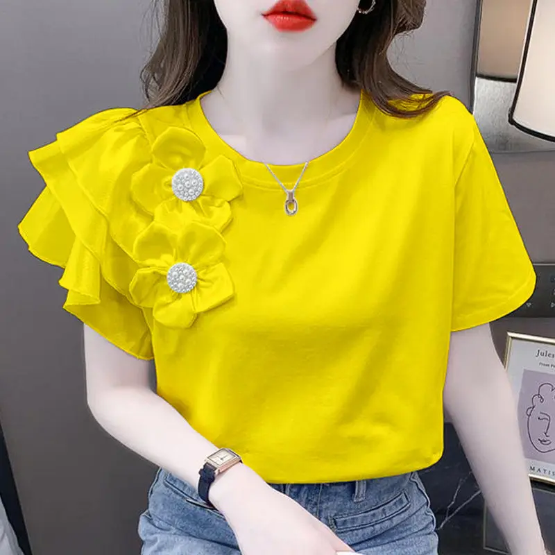 Fashion O-Neck Spliced Beading Tie Flowers Ruffles Blouse Women\'s Clothing 2023 Summer New Oversized Casual Tops Sweet Shirt