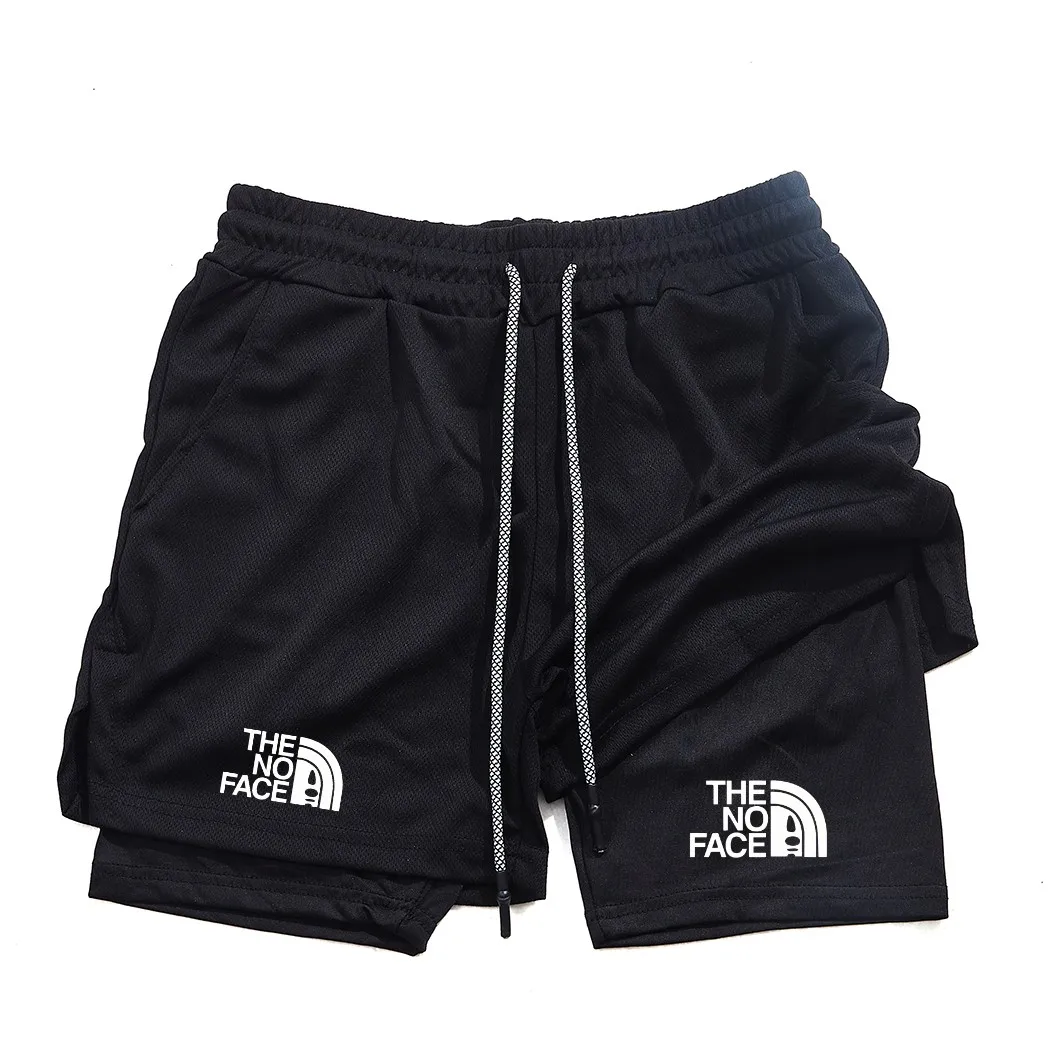 Printed 2-in-1 men's sports shorts with mobile phone pocket, quick drying shorts for summer gym exercise, running shorts
