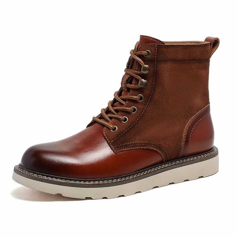 

Genuine Leather Men Boots Patchwork Hiking Shoes Bottom Sewing Work Boots
