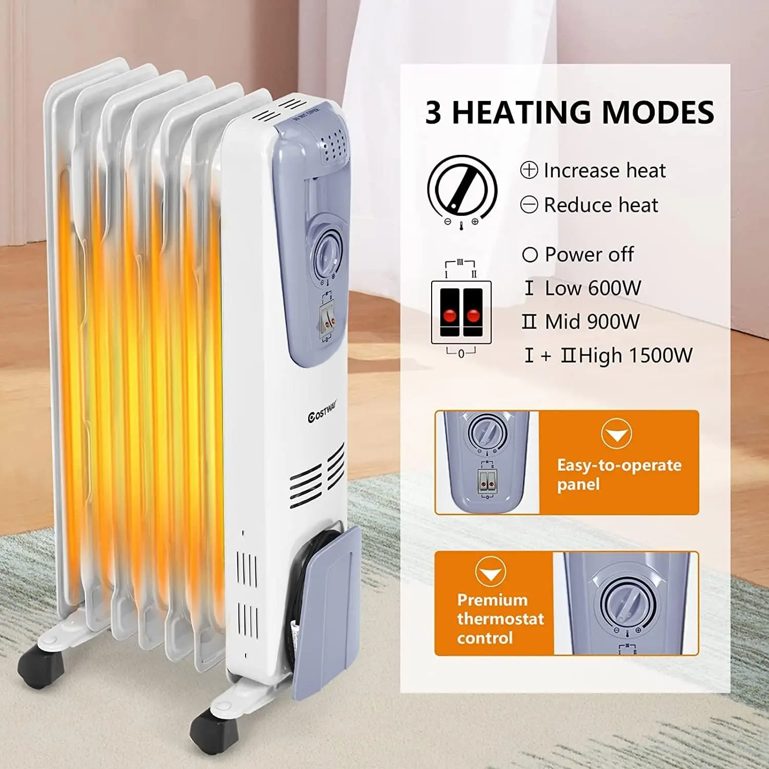 Radiator Heater, Electric Space Heater with Adjustable Thermostat, 3 Heat Settings, Overheat & Tip-Over Protection, Oil Filled H