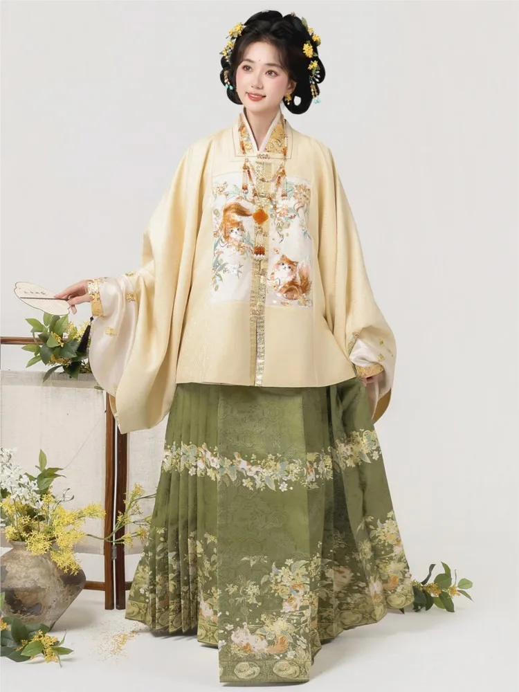 New Chinese-style square collar patchwork two-color dress Hanfu set
