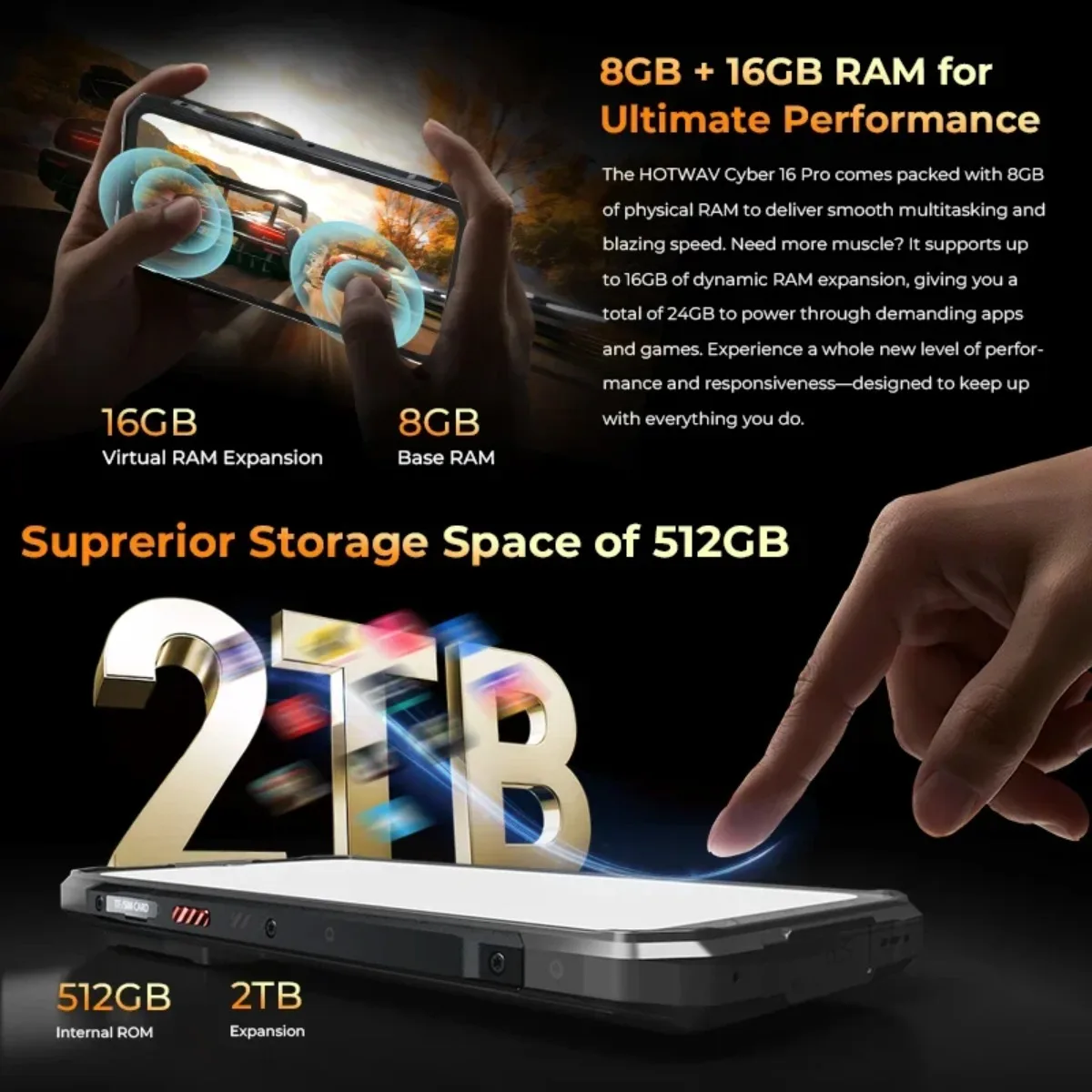 HOTWAV Cyber 16 Pro 4G 6.6“ FHD 1.45 Secondary Screen" Rugged 6280mAh Battery 33W Helio G100 Android 15 8GB 512GB 108MP Phone