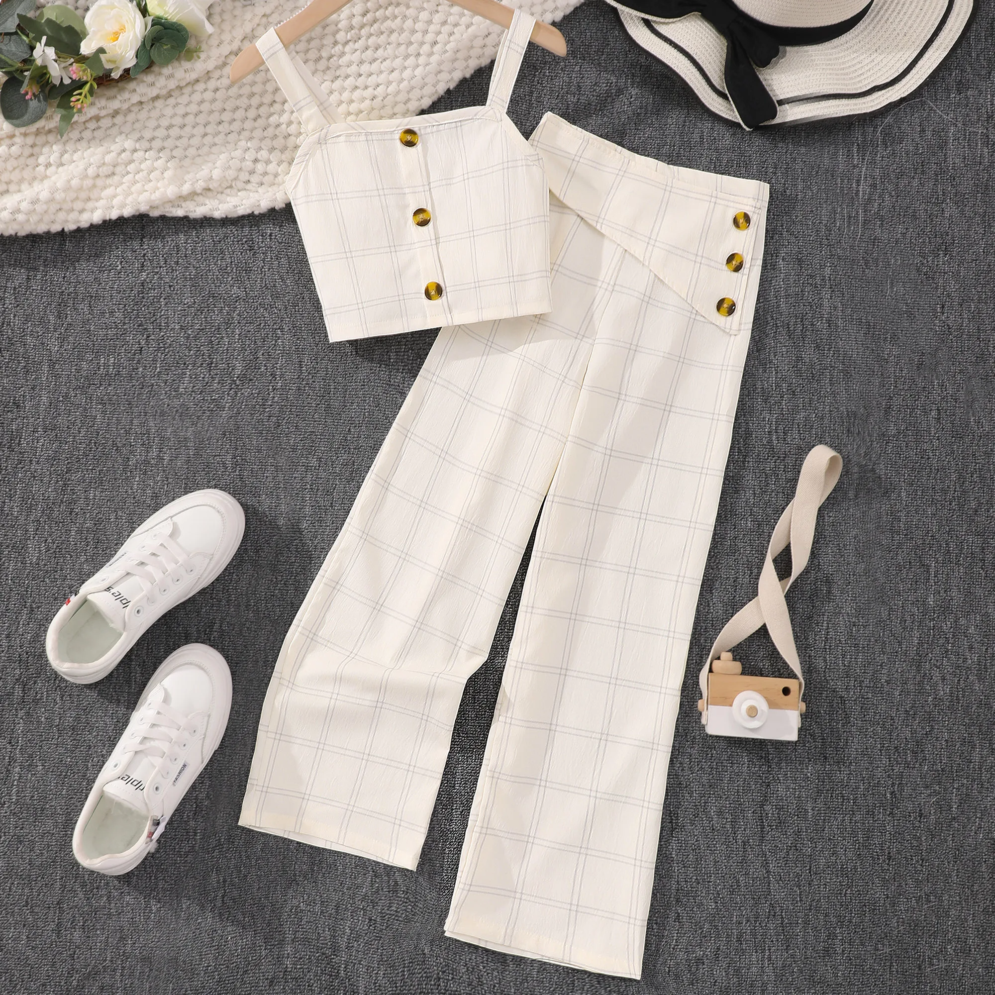 2024 Summer New Children's Wear Set Sleeveless suspender plaid pants fashionable and minimalist 2-piece set 8 9 10 11 12 years