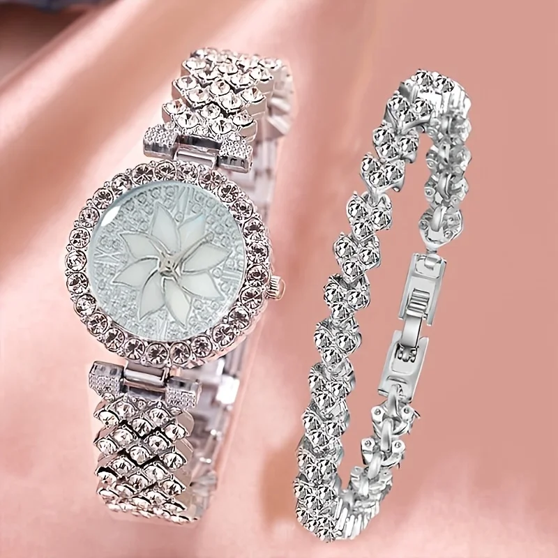 2Pc/Set 1Pc Rhinestone Decor Quartz Watch & 1Pcs Bracelet Fancy Women Watches Jewelry Sophisticated And Stylish Women Watch
