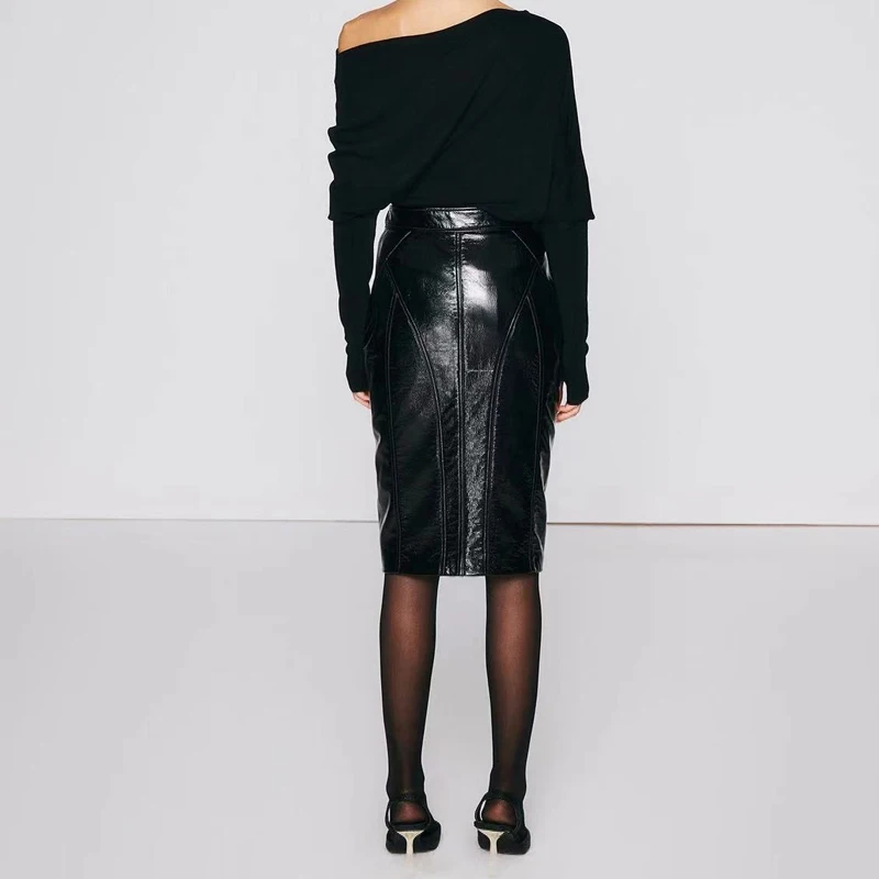 Genuine Leather Glossy Skirts 2024 Spring Autumn Fashion Women High Waist Front Zipper Bodycon Chic Ladies Real Lambskin Skirts