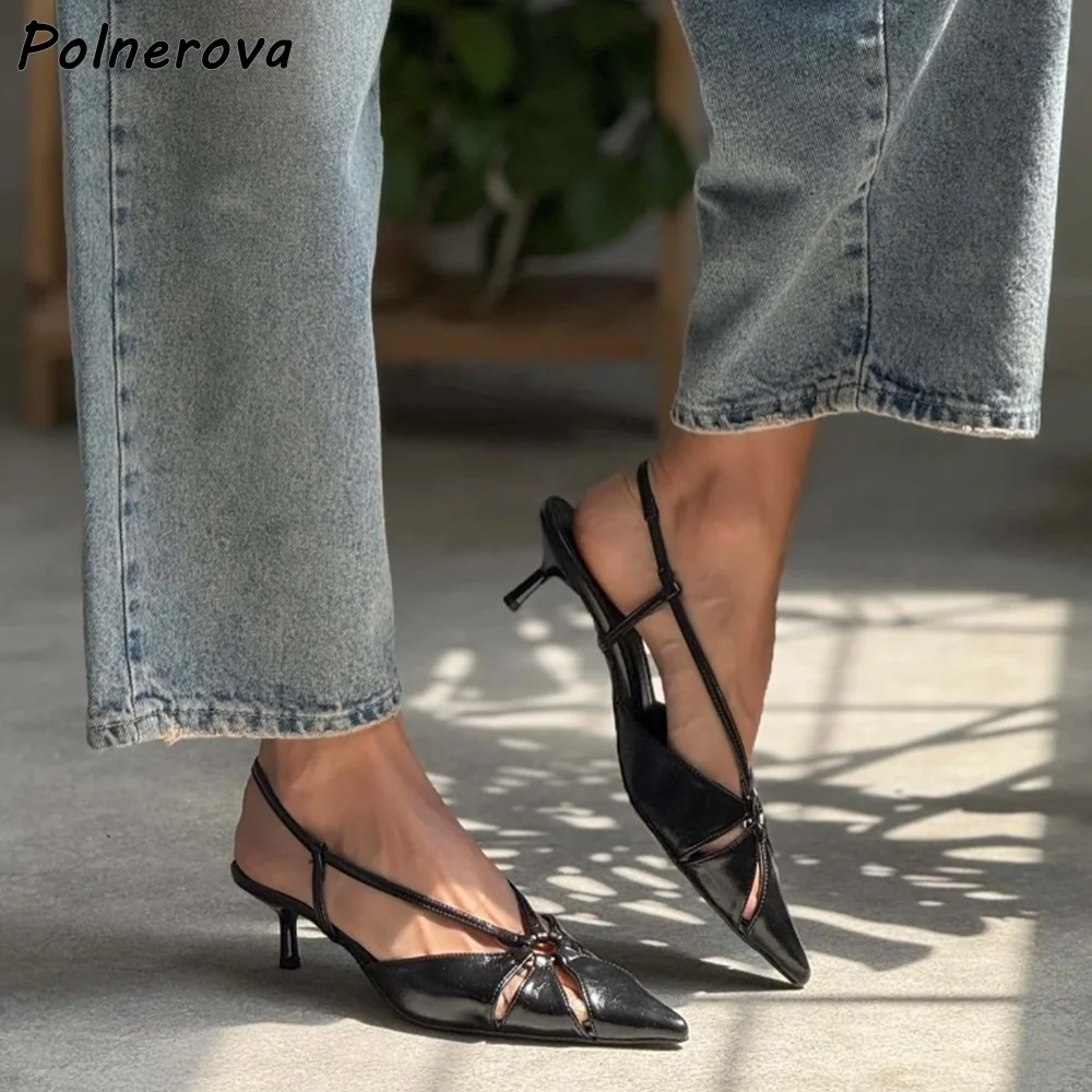 

Однотонные полые сандалии с металлическим кольцом, туфли на каблуке «котенок», заостренный носок, пряжка, обувь на пятке, неглубокая кожаная обувь, женская элегантная однотонная обувь, 2025 г.