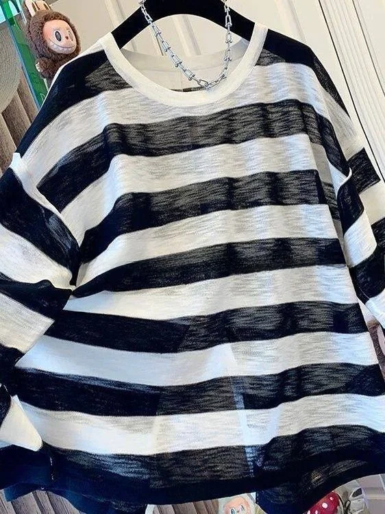 

plus Size Women's Long Sleeve T-Shirt Knitted Loose Thin Summer Top Fashionable Striped Casual Wear Breathable Polyester
