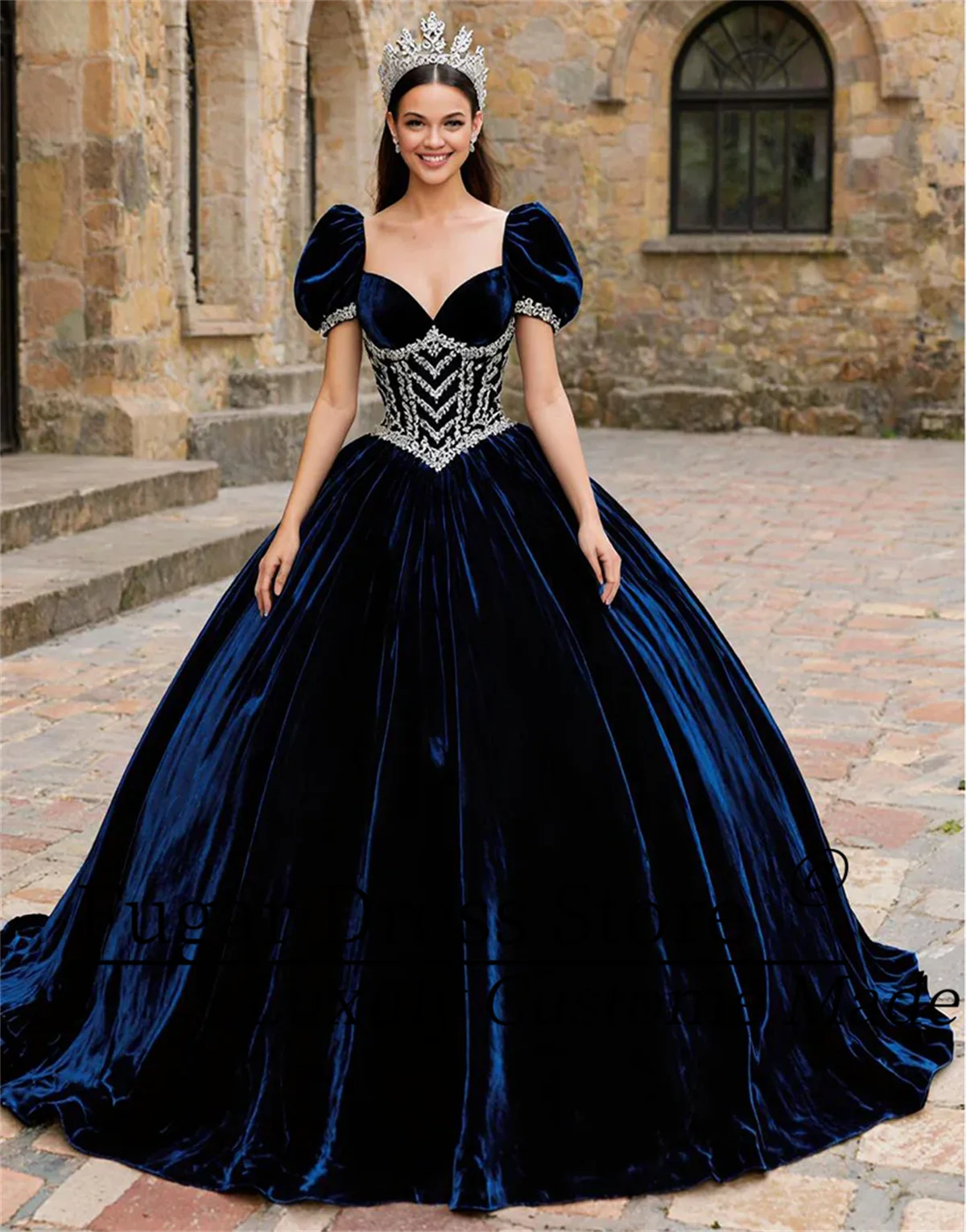 

Customized Velvet Princess Quinceanera Dresses Luxuly Navy Sweetheart Puff Sleeves Velvet Ball Gowns Vestidos de 15 quinceañer